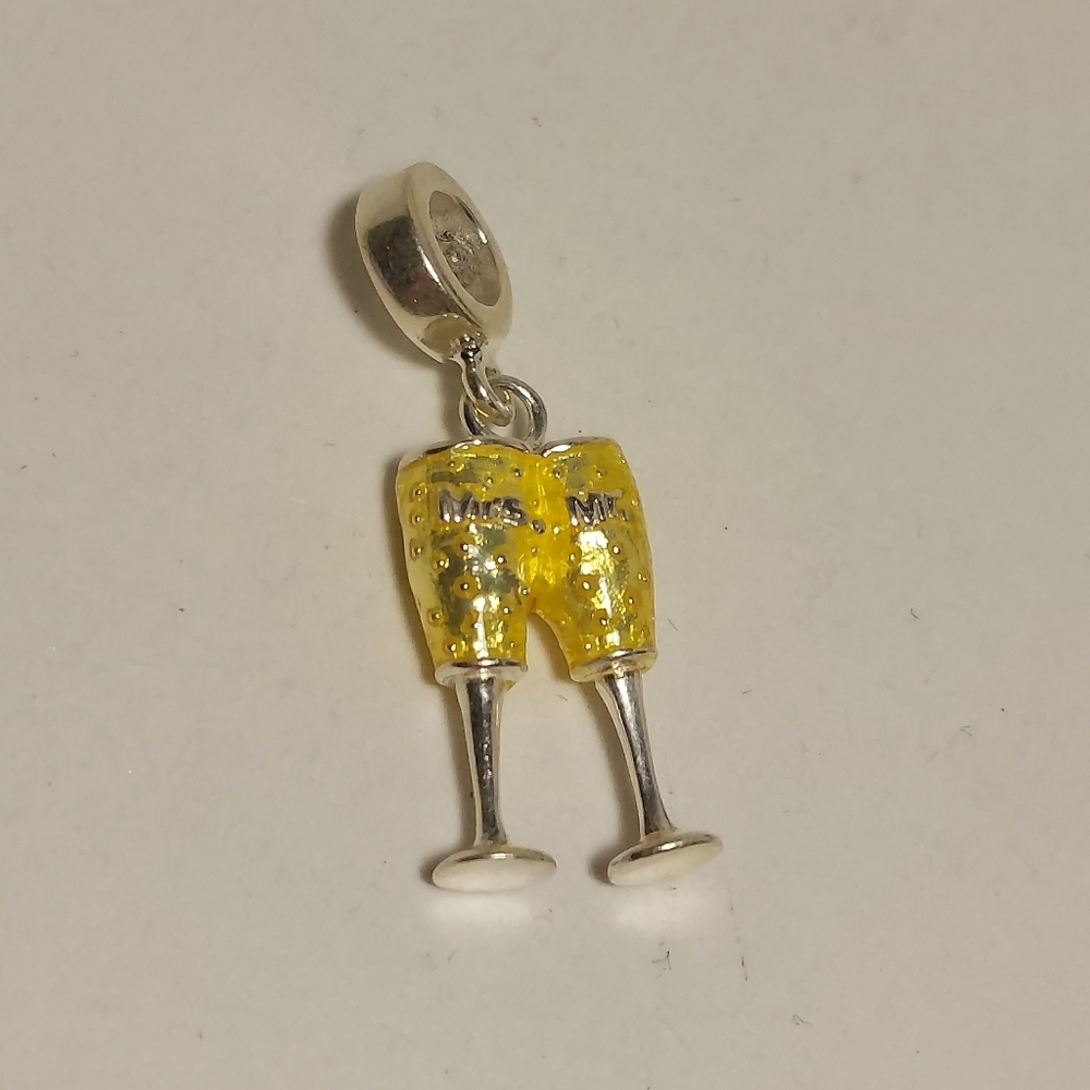 Persona Sterling Silver Enamel "Cheers To Life" Charm Mr Mrs Champagne Glasses